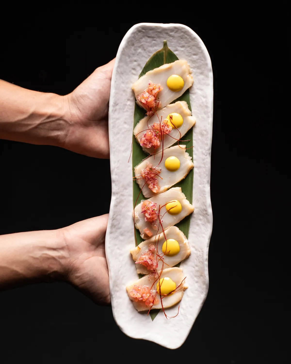 Manos presentando un plato de crudo de pescado